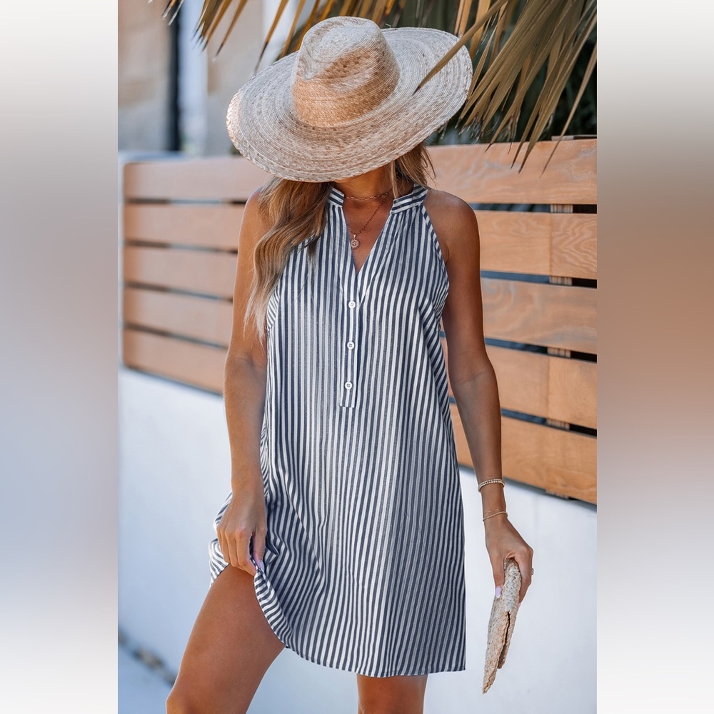 Striped Blue and White Cover Up Mini Dress - Picture 6 of 6